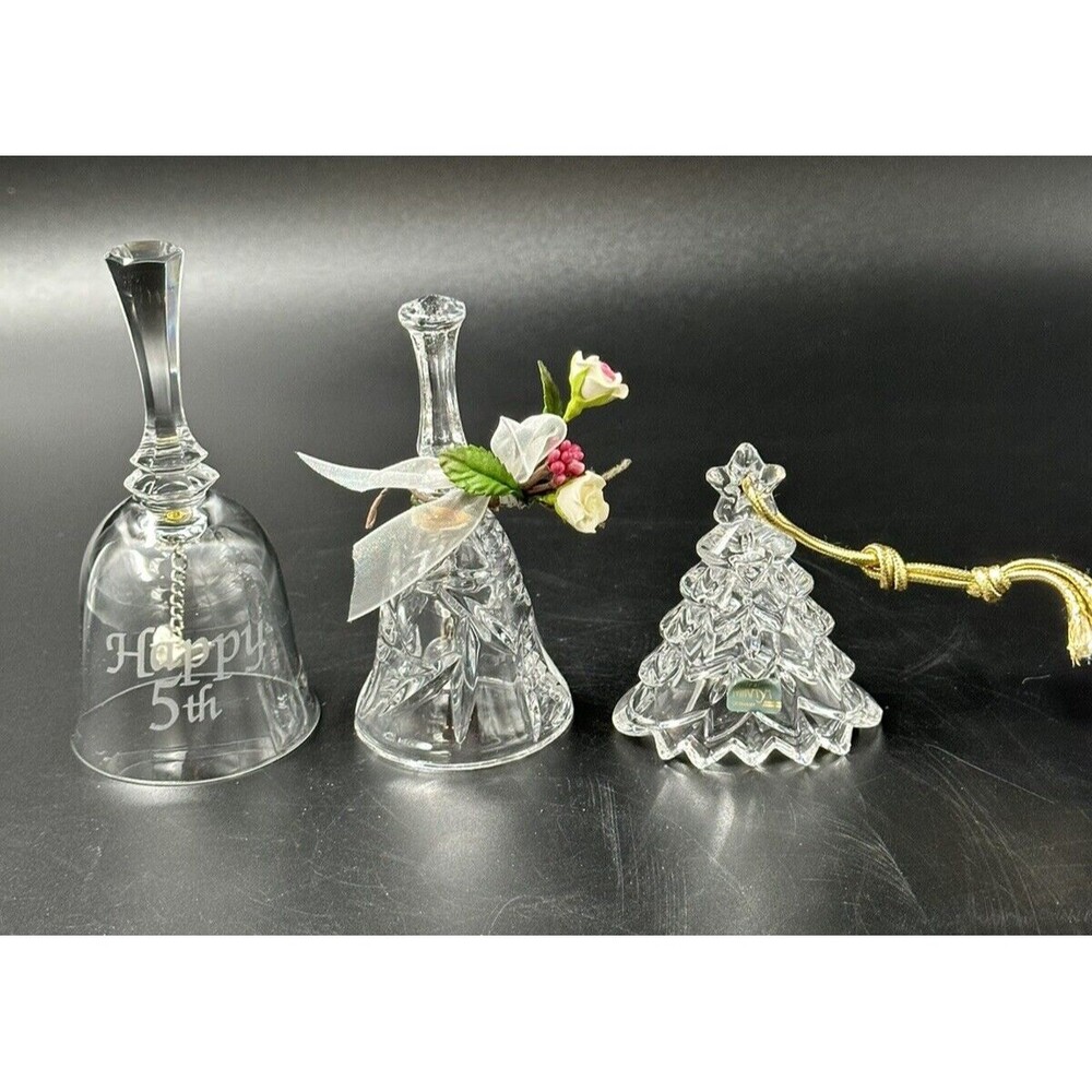 Lot of 3 Glass and Crystal Bells Mikasa Christmas Tree Bell Happy 5th Bell